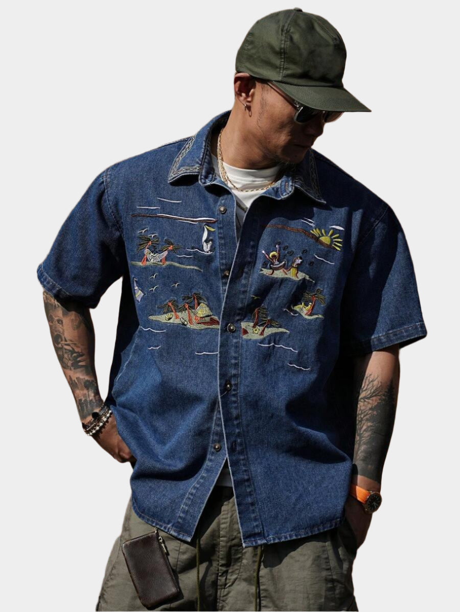 Chemise en jean décontractée à motif estival avec bouton sur le devant pour homme
