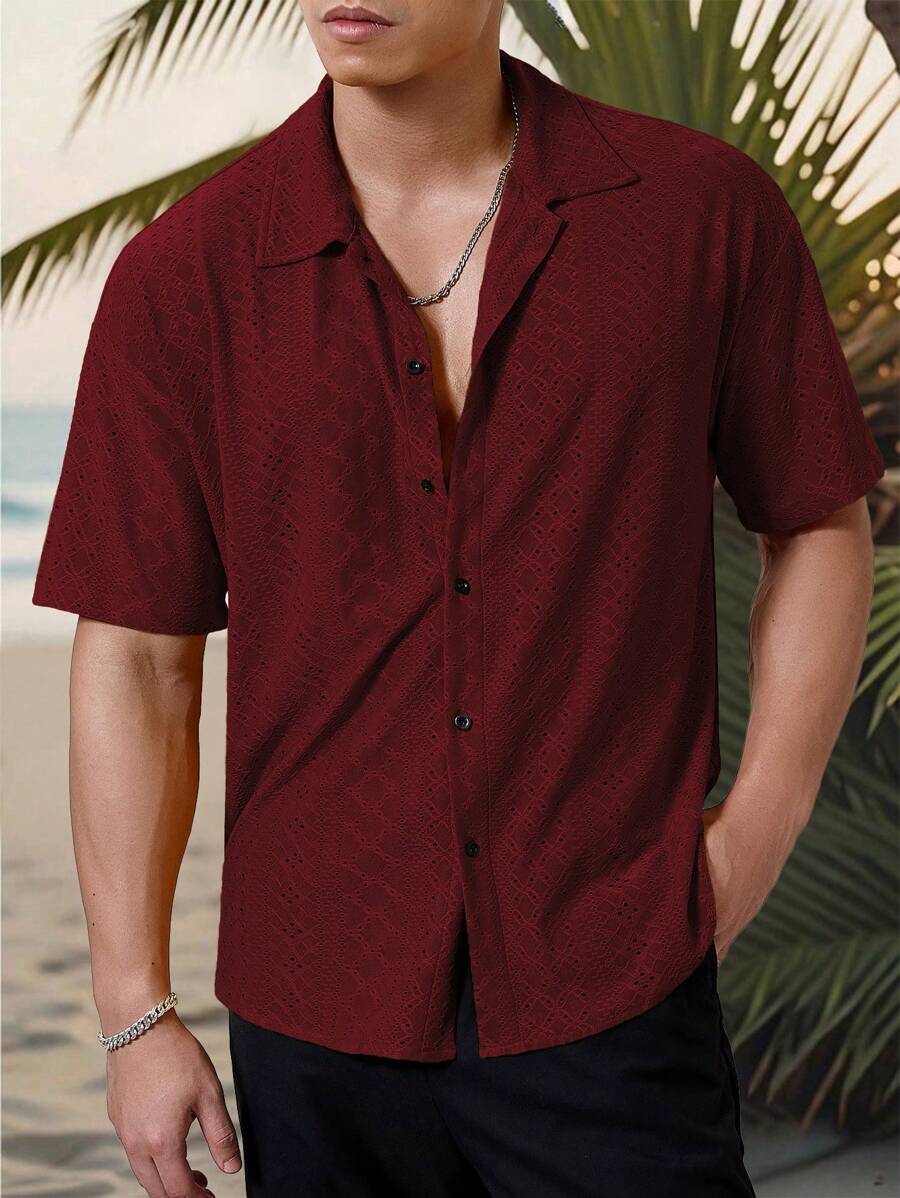 Chemise jacquard texturée au crochet pour homme - Tricot géométrique décontracté