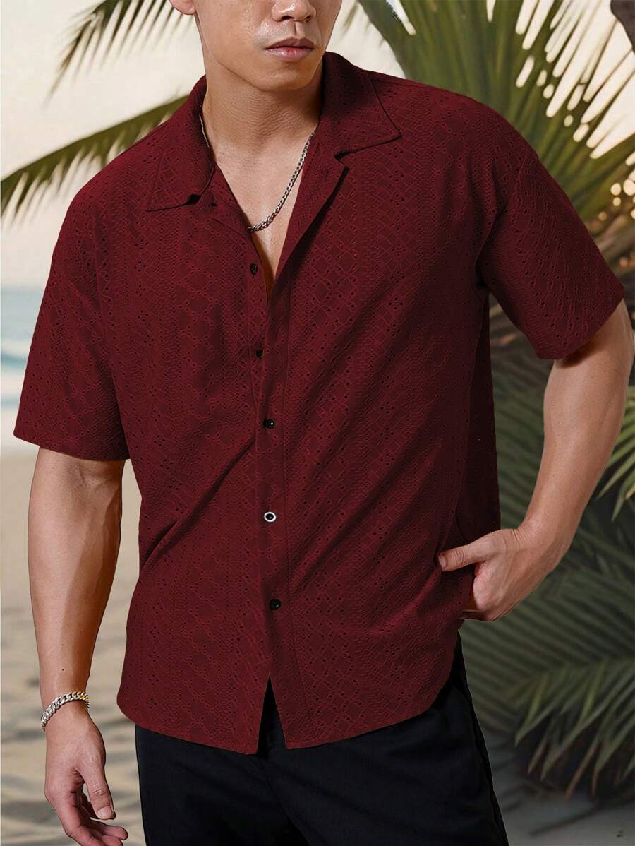 Chemise jacquard texturée au crochet pour homme - Tricot géométrique décontracté