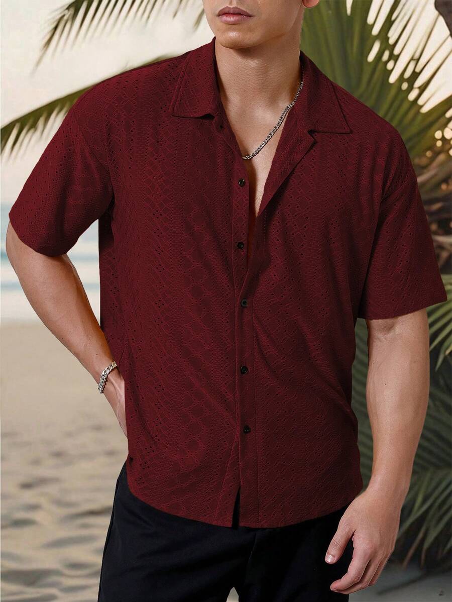 Chemise jacquard texturée au crochet pour homme - Tricot géométrique décontracté
