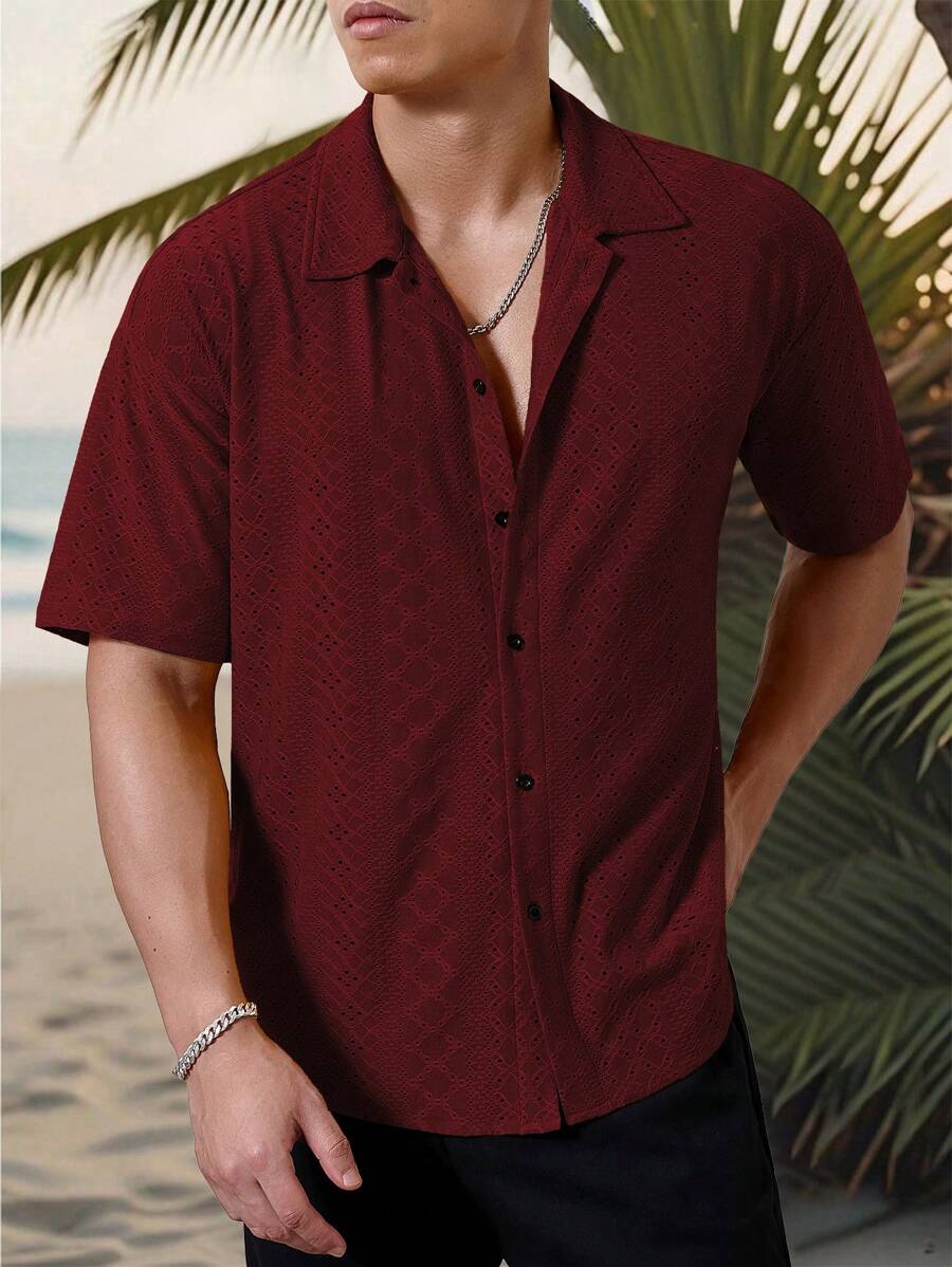 Chemise jacquard texturée au crochet pour homme - Tricot géométrique décontracté