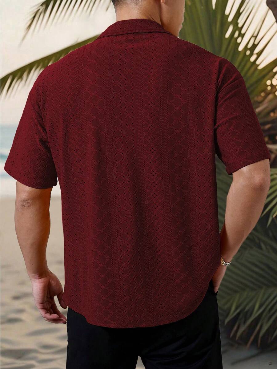 Chemise jacquard texturée au crochet pour homme - Tricot géométrique décontracté