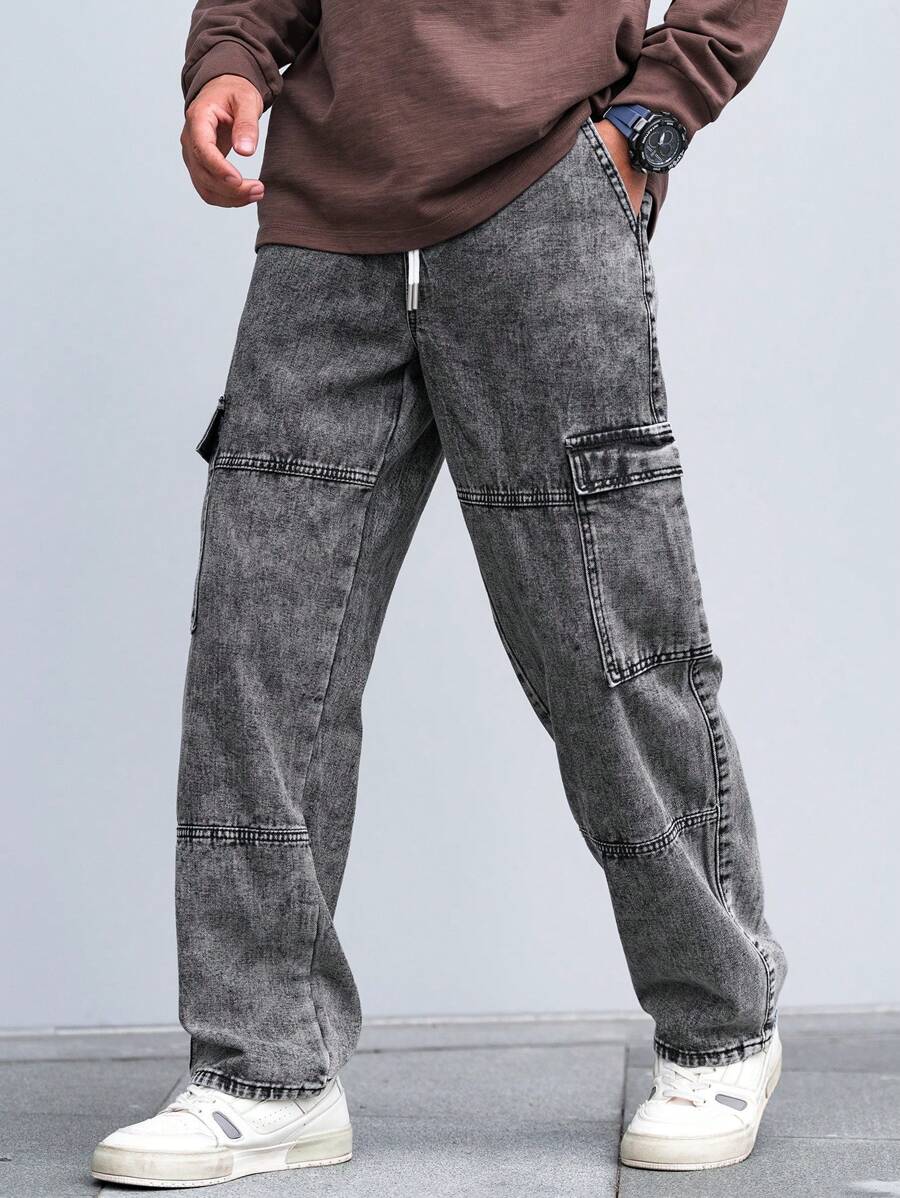 Pantalon cargo coupe ample avec cordon de serrage à la taille pour homme