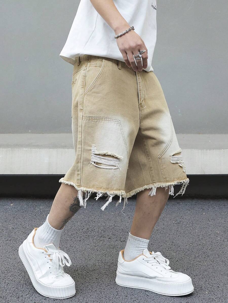 Jorts denim à franges effet usé streetwear casual tendance pour homme