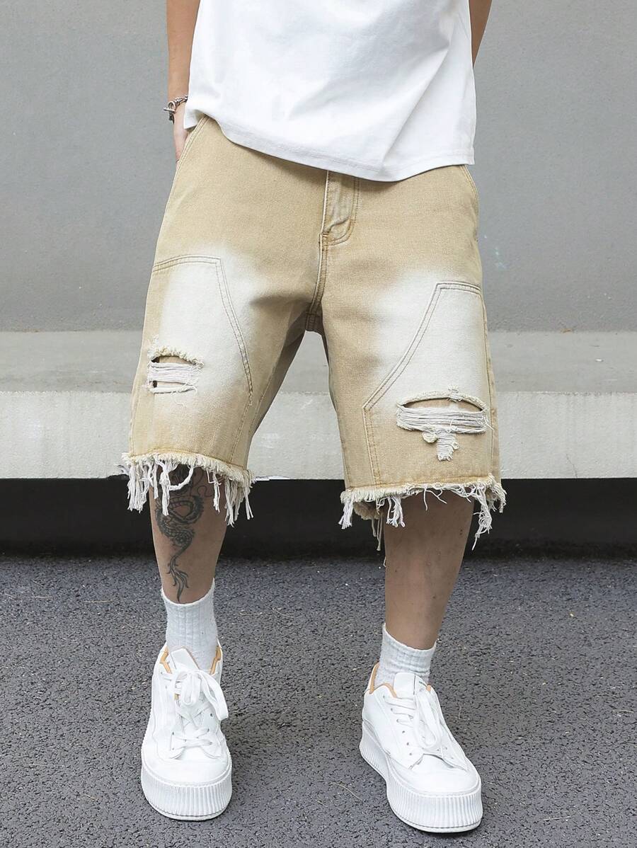 Jorts denim à franges effet usé streetwear casual tendance pour homme