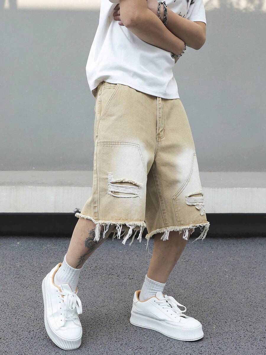 Jorts denim à franges effet usé streetwear casual tendance pour homme