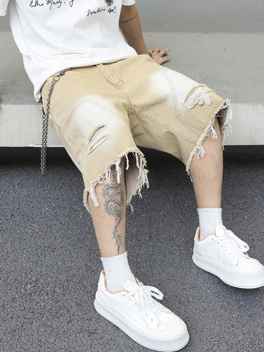Jorts denim à franges effet usé streetwear casual tendance pour homme