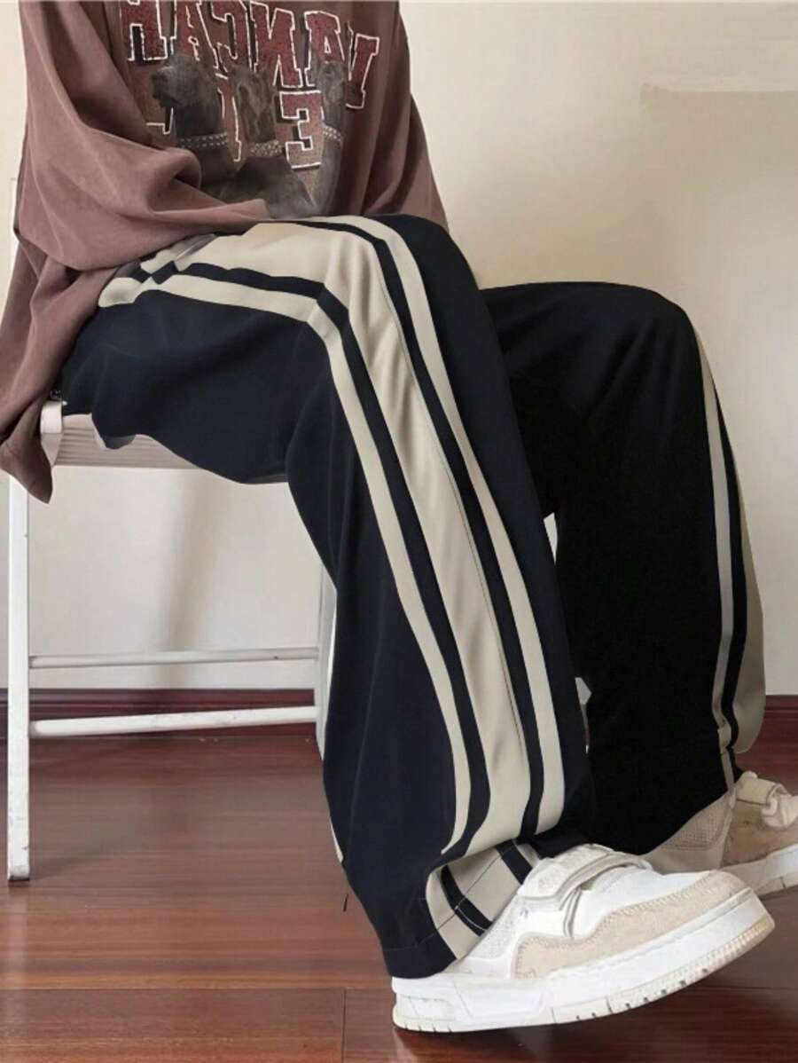 Pantalon d'été ample et respirant pour homme, coupe droite, avec bandes latérales