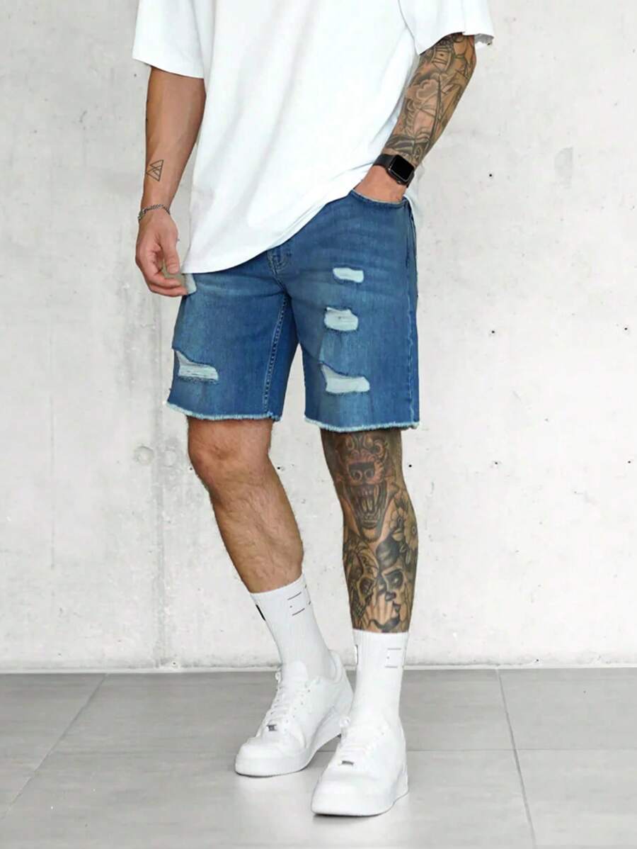 Jorts déchirés à ourlet brut, style streetwear décontracté tendance pour hommes