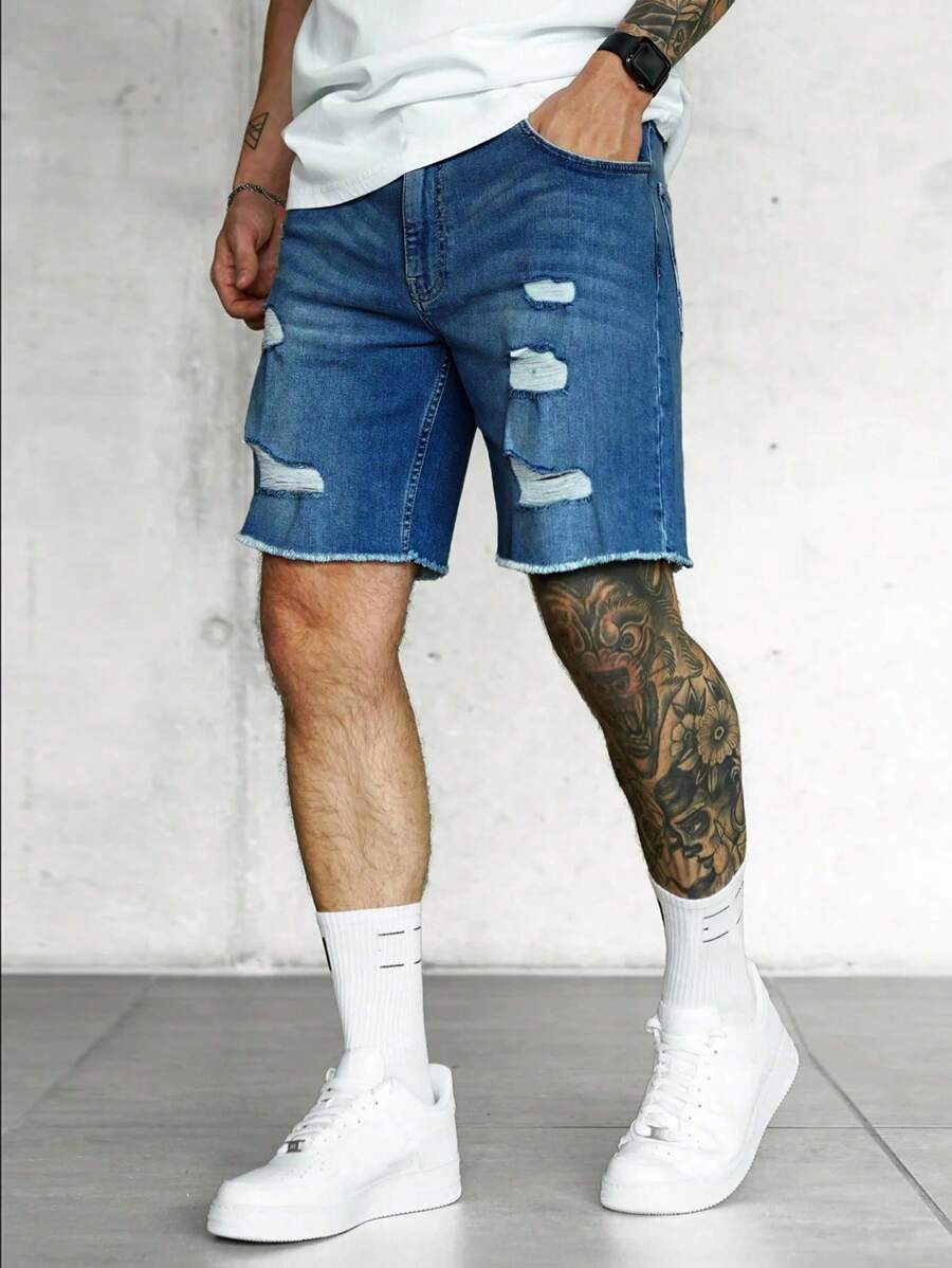 Jorts déchirés à ourlet brut, style streetwear décontracté tendance pour hommes
