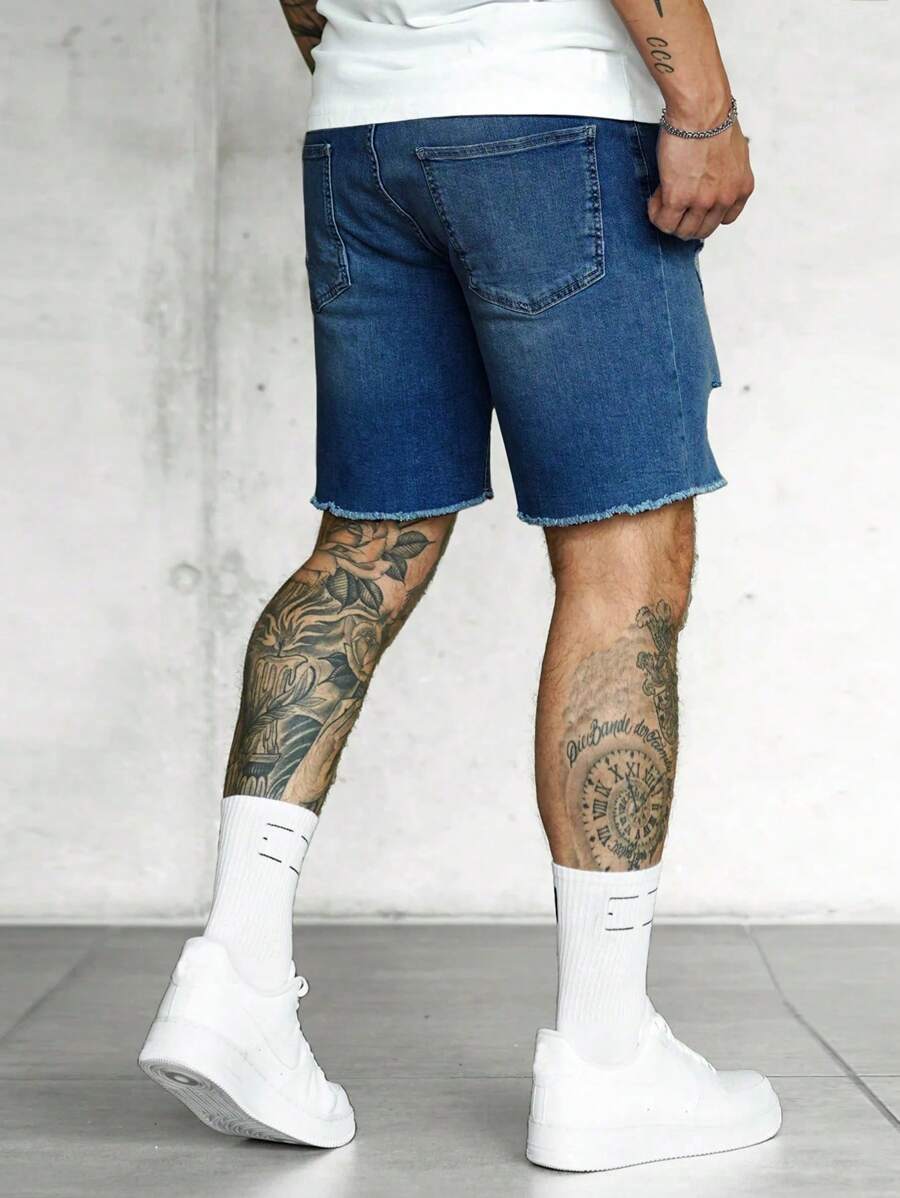 Jorts déchirés à ourlet brut, style streetwear décontracté tendance pour hommes