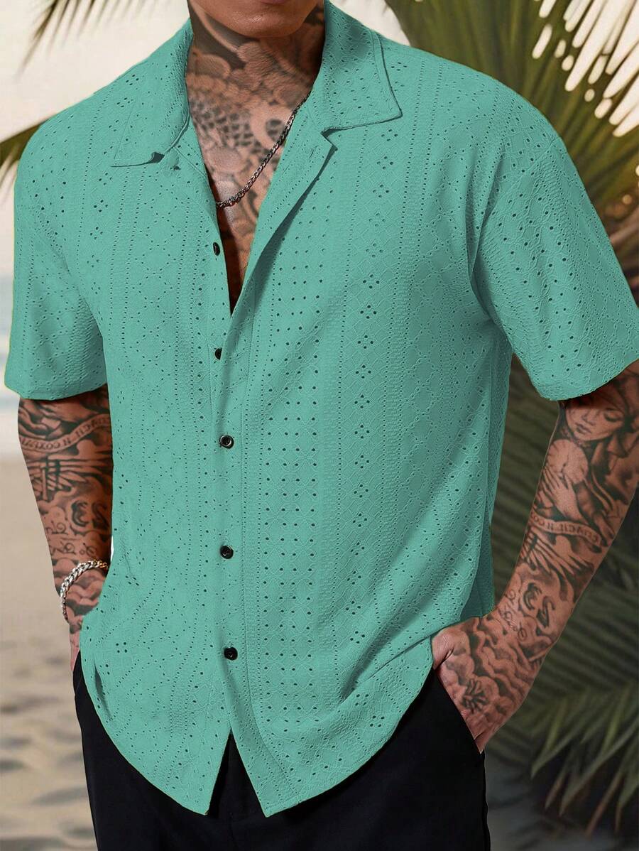 Chemise jacquard texturée au crochet pour homme - Tricot géométrique décontracté