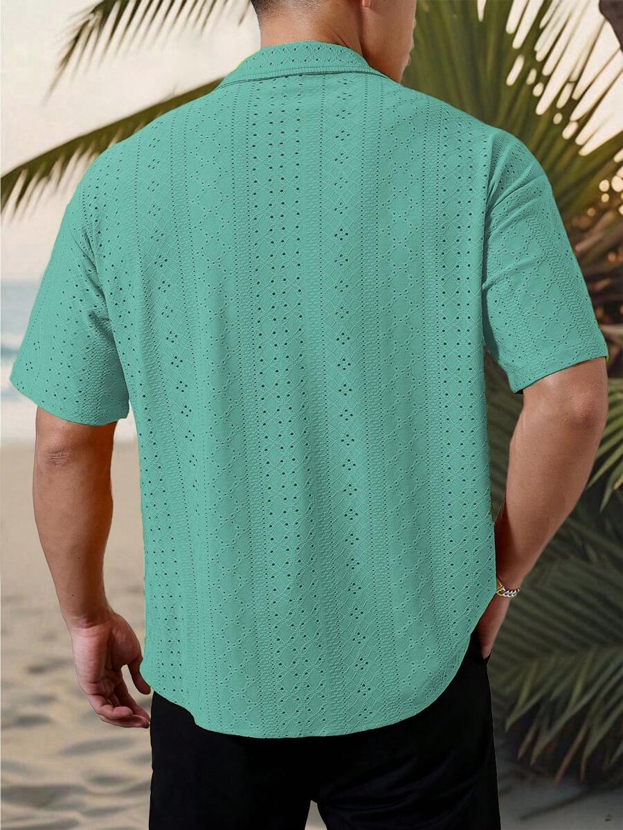 Chemise jacquard texturée au crochet pour homme - Tricot géométrique décontracté