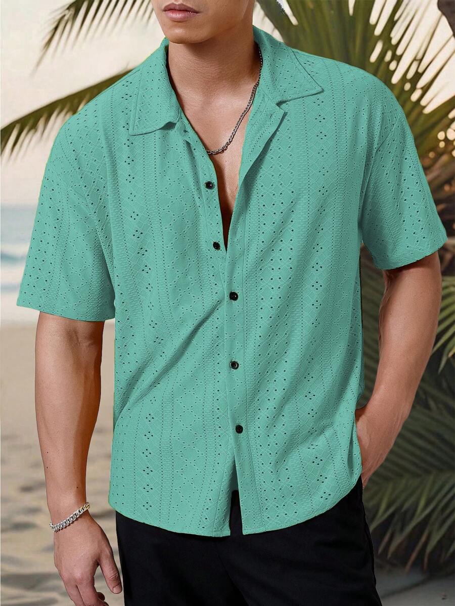 Chemise jacquard texturée au crochet pour homme - Tricot géométrique décontracté