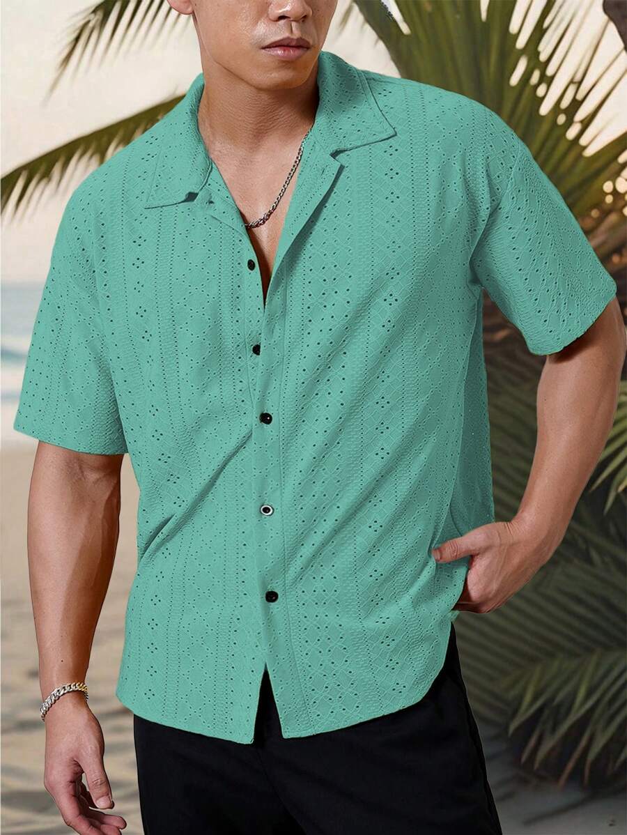 Chemise jacquard texturée au crochet pour homme - Tricot géométrique décontracté