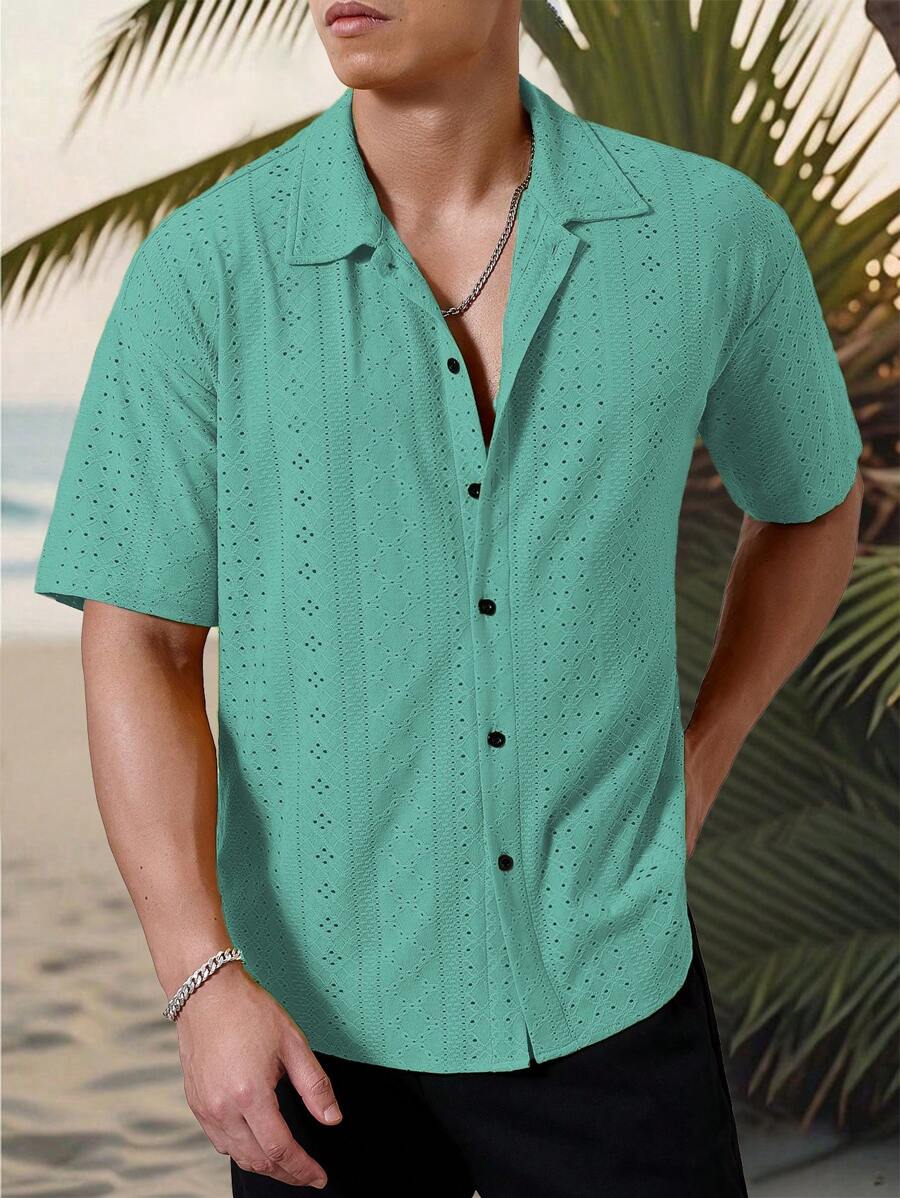 Chemise jacquard texturée au crochet pour homme - Tricot géométrique décontracté