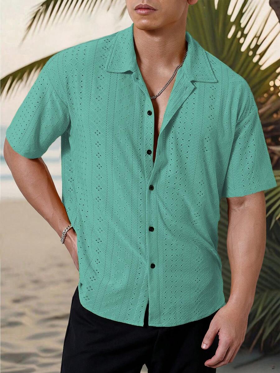 Chemise jacquard texturée au crochet pour homme - Tricot géométrique décontracté
