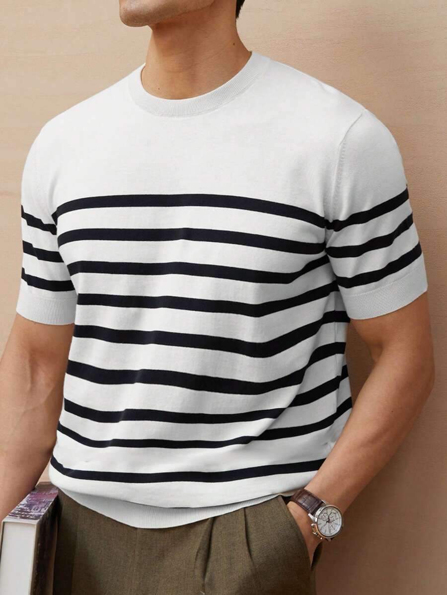 Chemise décontractée à rayures et col ras du cou - Mode masculine au quotidien