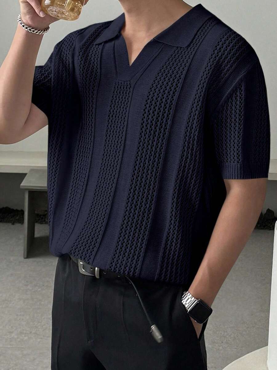 Chemises au crochet homme polo col V tricoté style élégant été