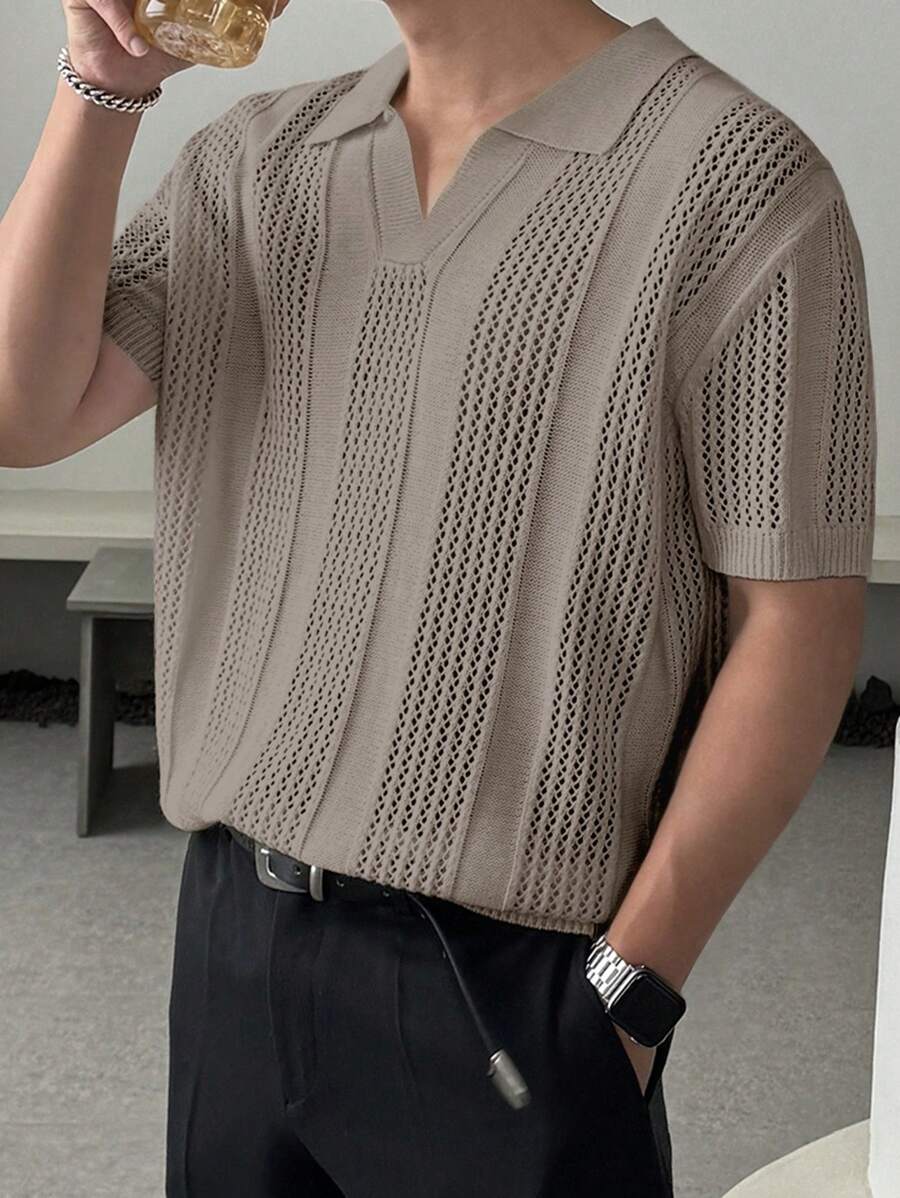 Chemises au crochet homme polo col V tricoté style élégant été