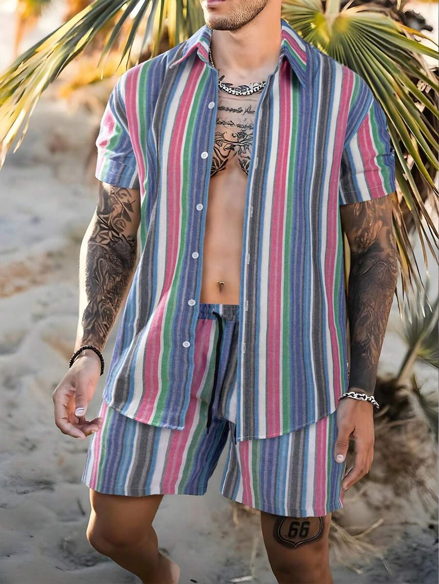 Chemise boutonnée rayée en lin et short à cordon de serrage - Ensemble été homme