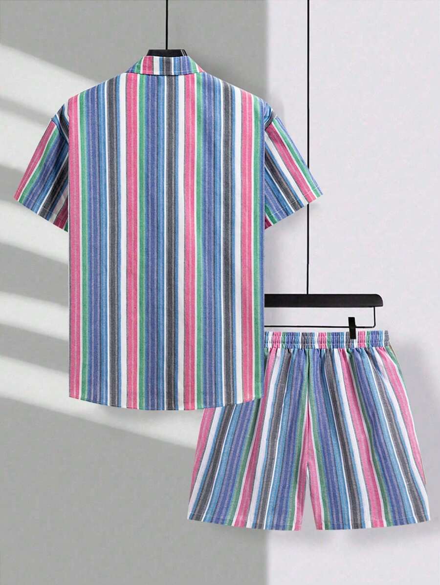Chemise boutonnée rayée en lin et short à cordon de serrage - Ensemble été homme