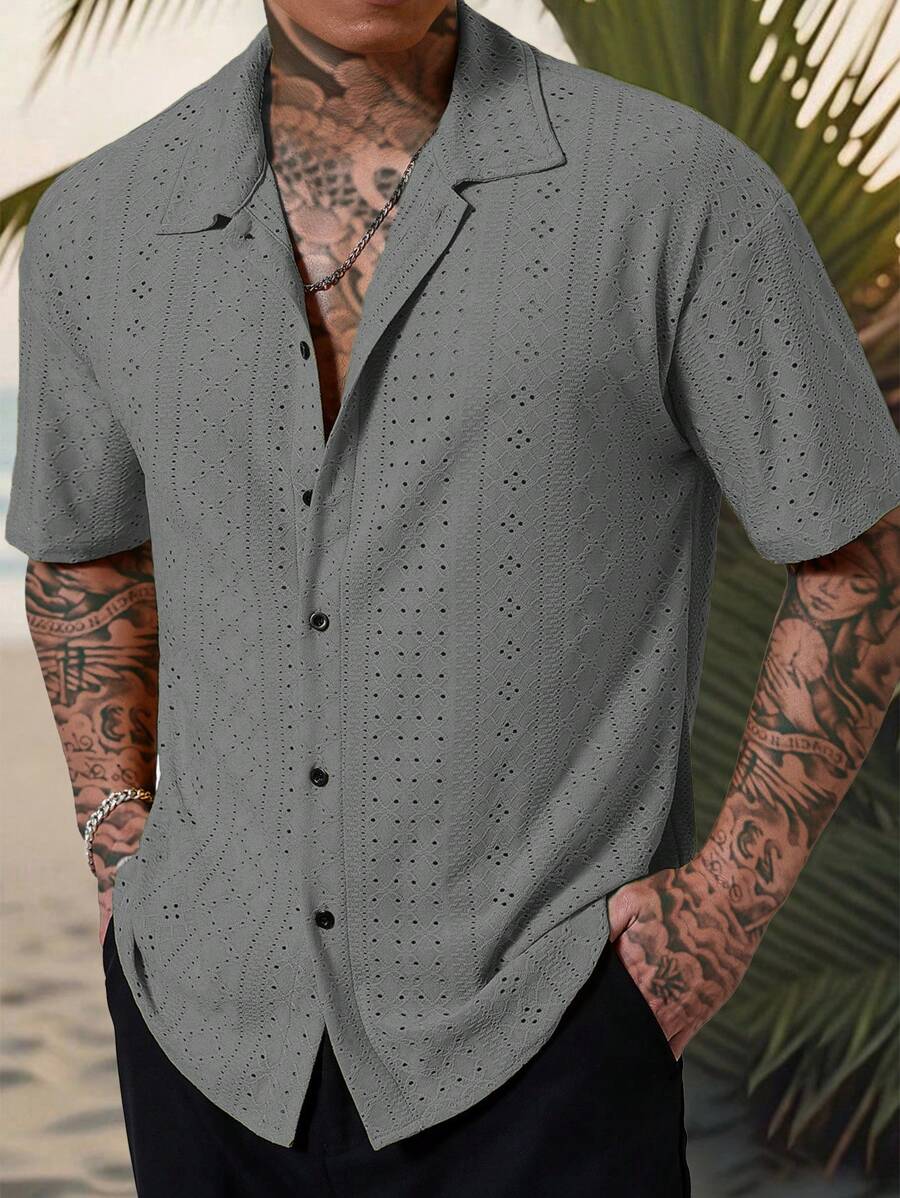 Chemise jacquard texturée au crochet pour homme - Tricot géométrique décontracté