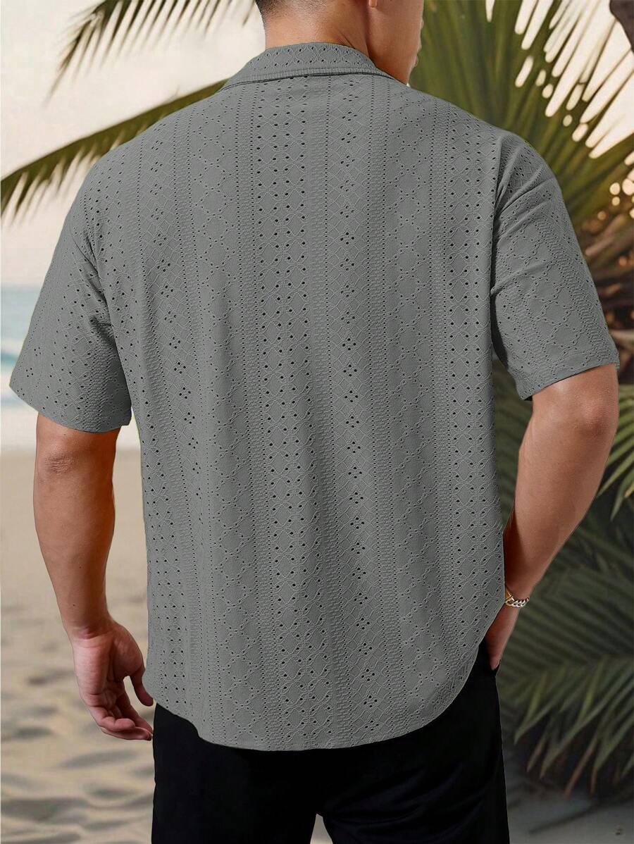 Chemise jacquard texturée au crochet pour homme - Tricot géométrique décontracté