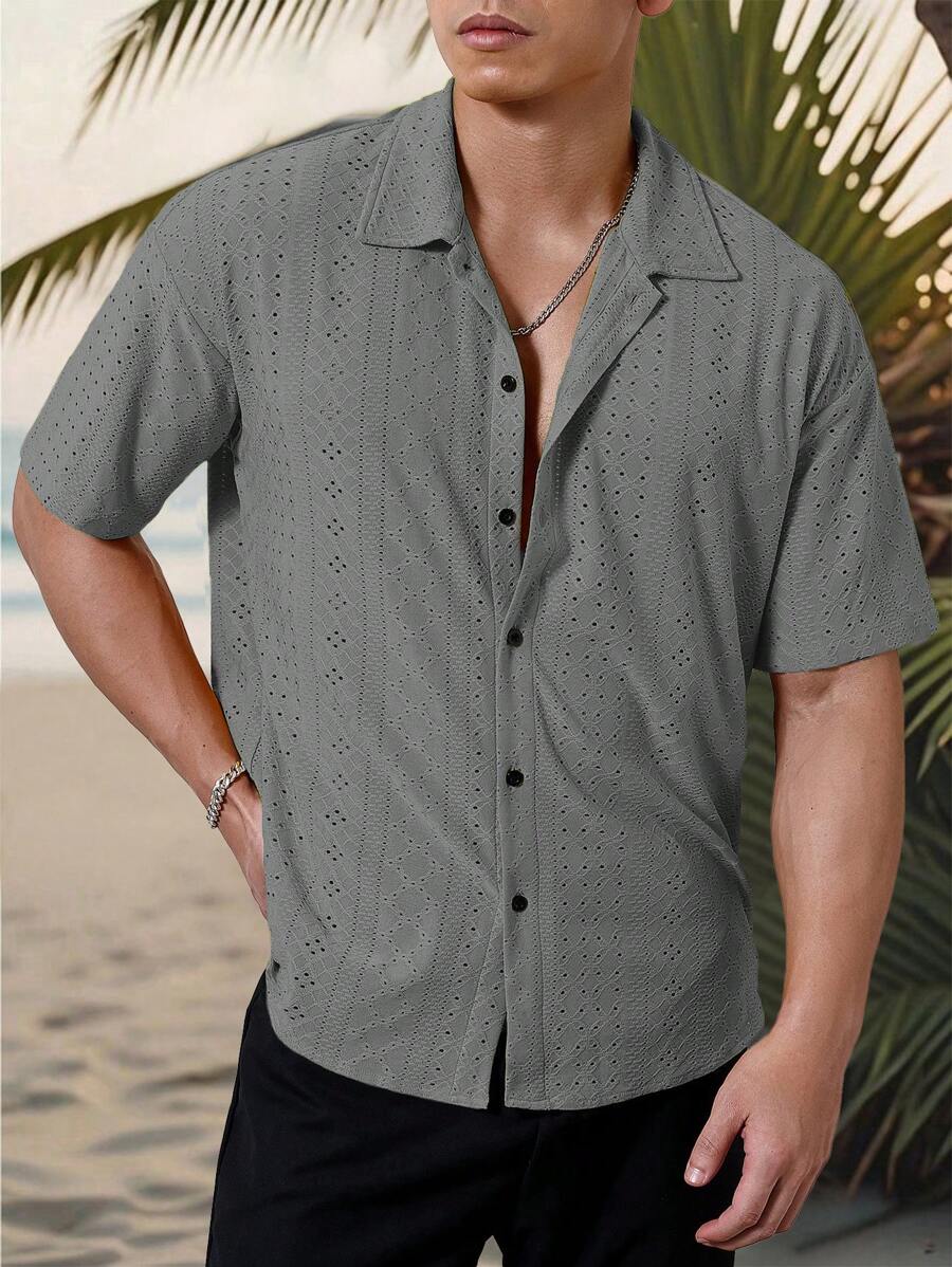Chemise jacquard texturée au crochet pour homme - Tricot géométrique décontracté