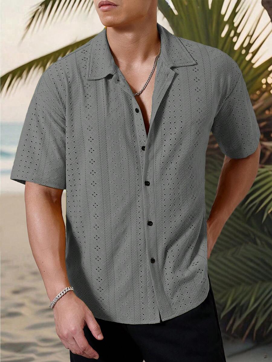 Chemise jacquard texturée au crochet pour homme - Tricot géométrique décontracté