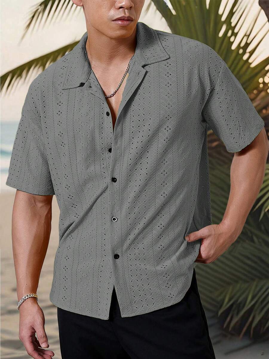 Chemise jacquard texturée au crochet pour homme - Tricot géométrique décontracté