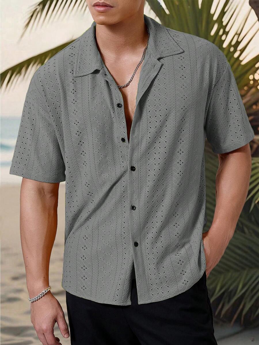 Chemise jacquard texturée au crochet pour homme - Tricot géométrique décontracté