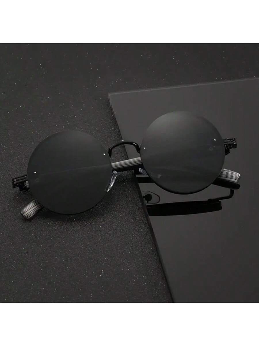 Lunettes de soleil rondes noires en métal pour homme – Accessoire de mode punk vintage