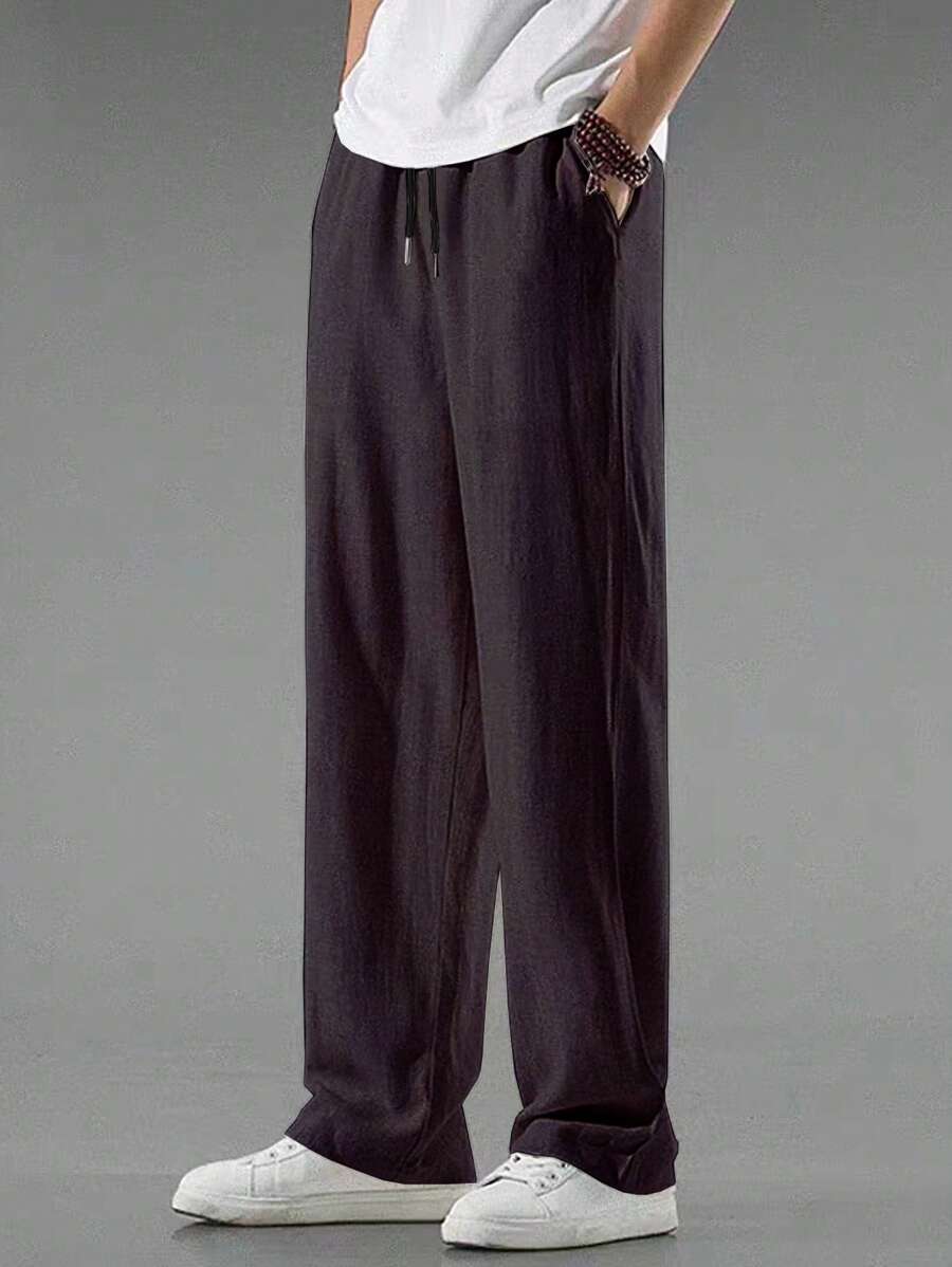 Pantalon de lin avec cordon de serrage pour homme – Pantalon ample coupe droite