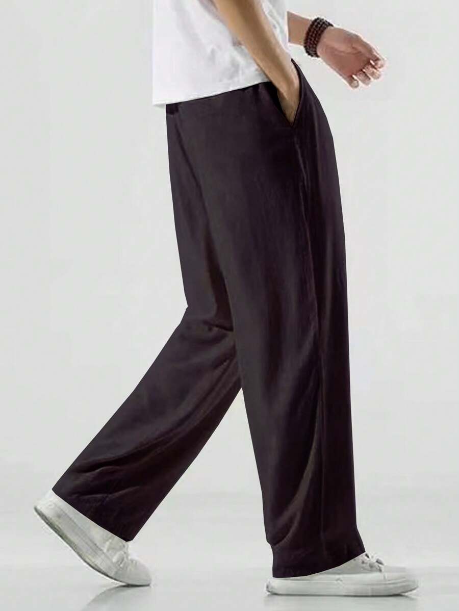 Pantalon de lin avec cordon de serrage pour homme – Pantalon ample coupe droite