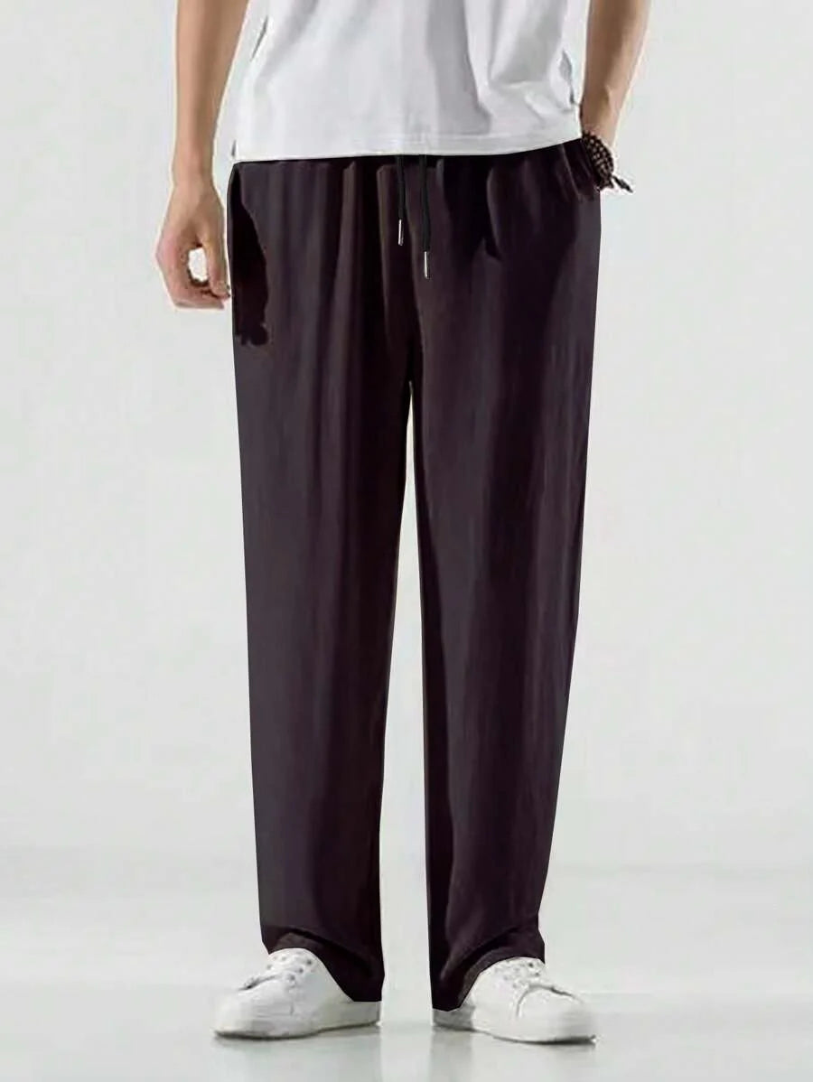 Pantalon ample de lin avec cordon de serrage pour homme – Coupe droite décontractée