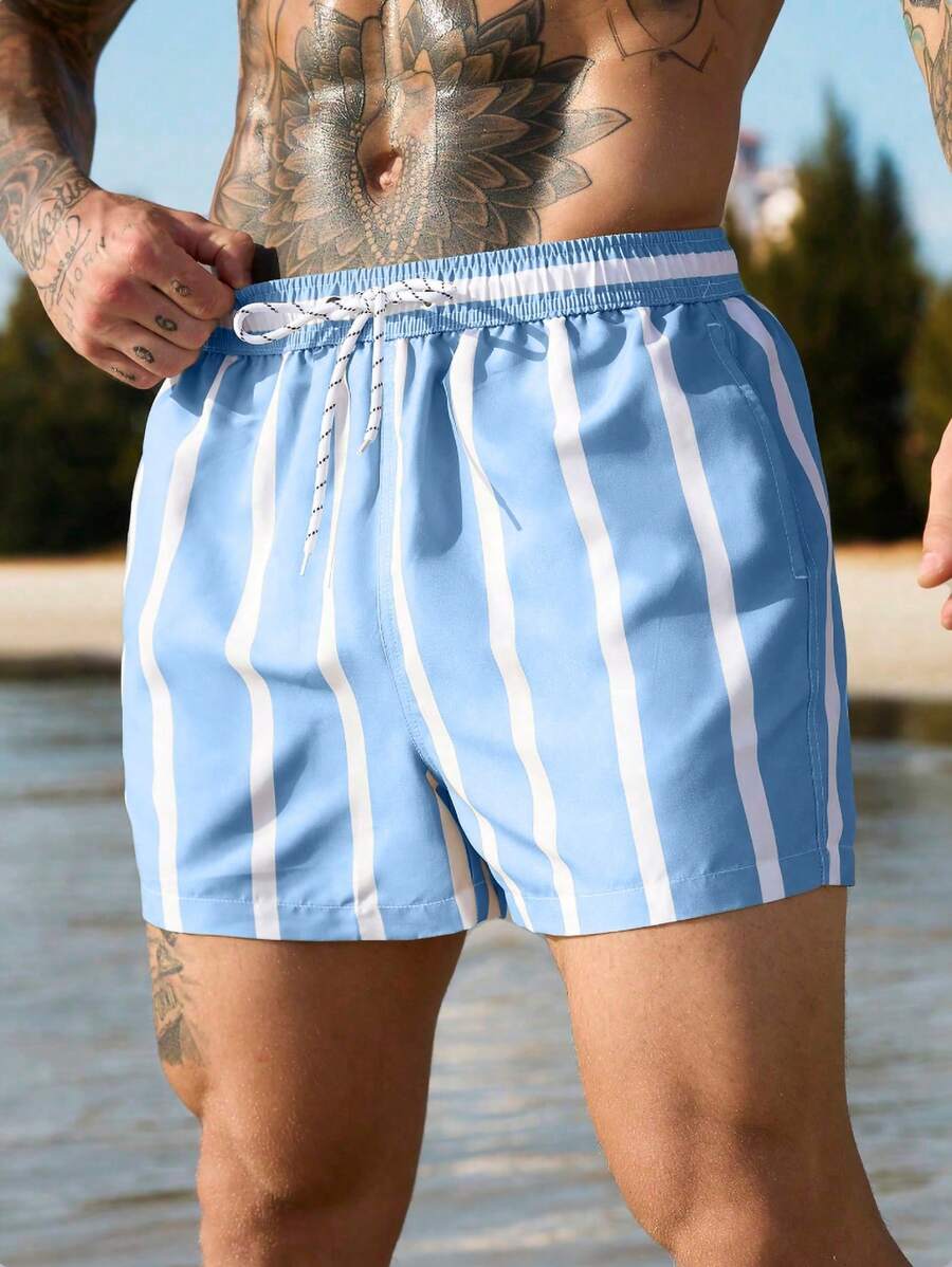 Short court rayé avec cordon de serrage et taille élastique pour homme