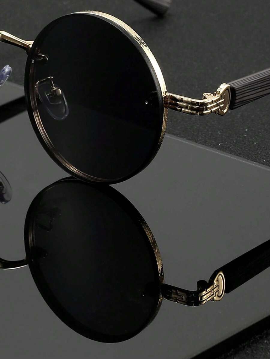 Lunettes de soleil rondes noires en métal pour homme – Accessoire de mode punk vintage