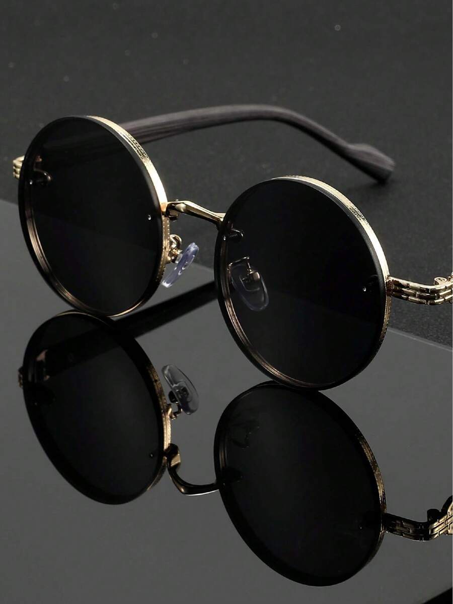 Lunettes de soleil rondes noires en métal pour homme – Accessoire de mode punk vintage
