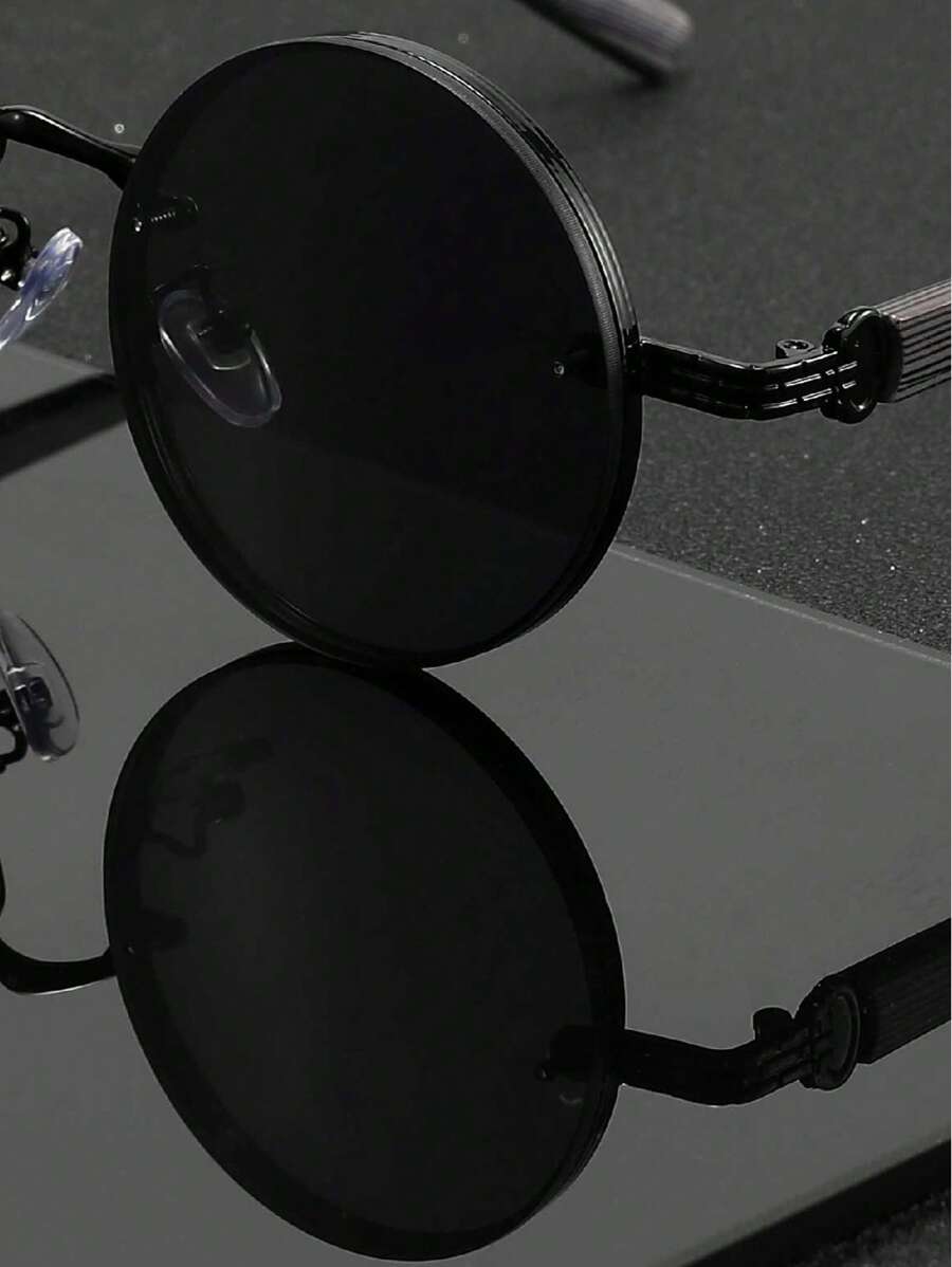 Lunettes de soleil rondes noires en métal pour homme – Accessoire de mode punk vintage