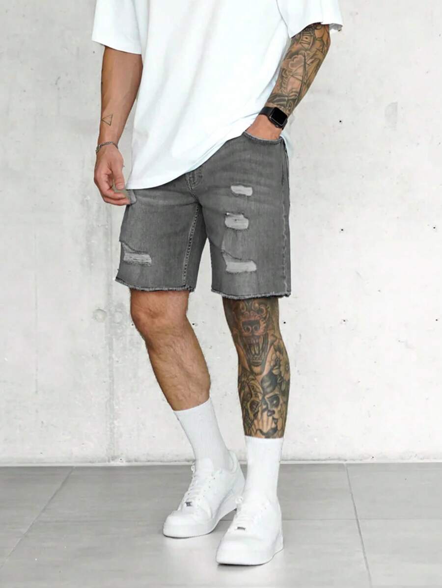 Jorts déchirés à ourlet brut, style streetwear décontracté tendance pour hommes