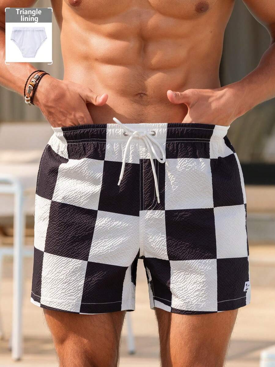 Short court imprimé damier avec cordon de serrage et taille élastique