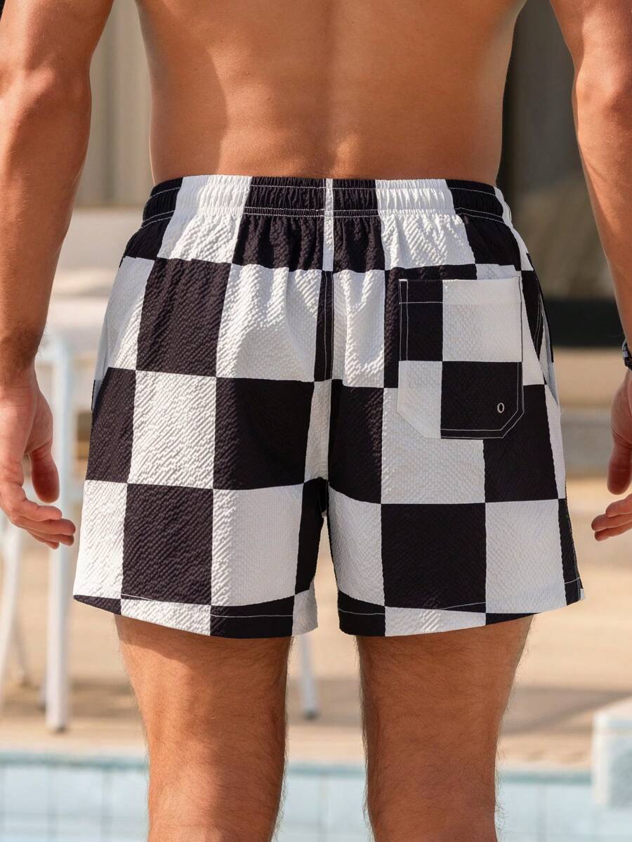 Short court imprimé damier avec cordon de serrage et taille élastique