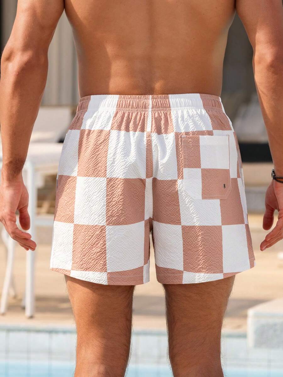 Short court imprimé damier avec cordon de serrage et taille élastique