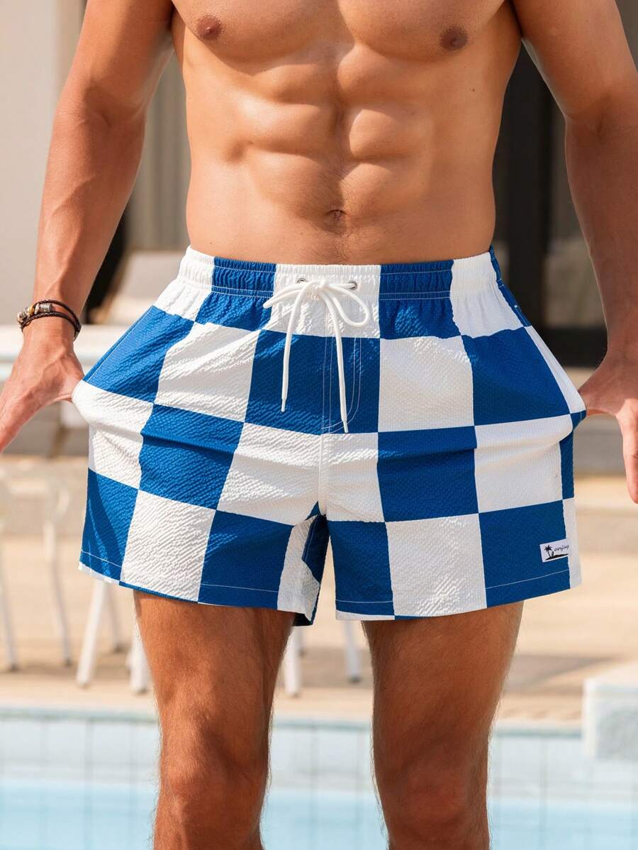 Short court imprimé damier avec cordon de serrage et taille élastique