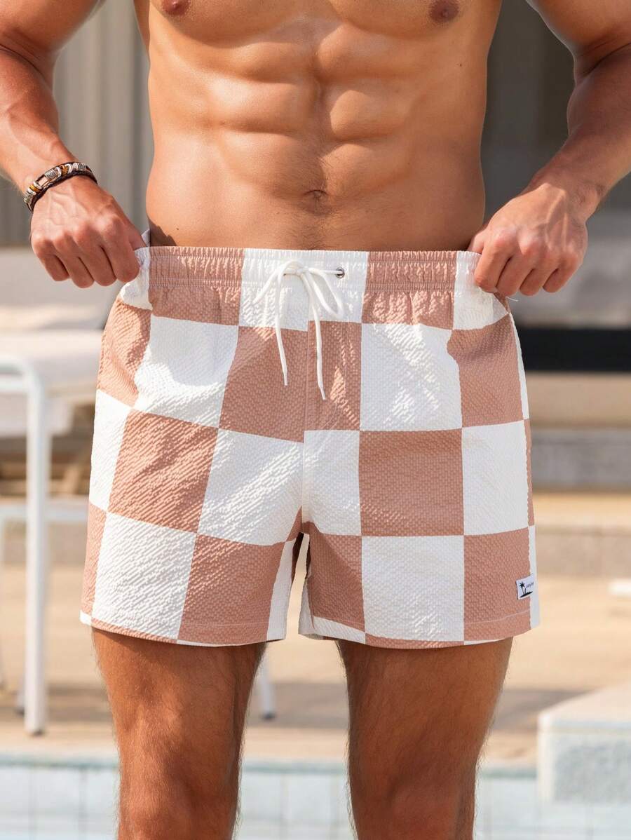 Short court imprimé damier avec cordon de serrage et taille élastique