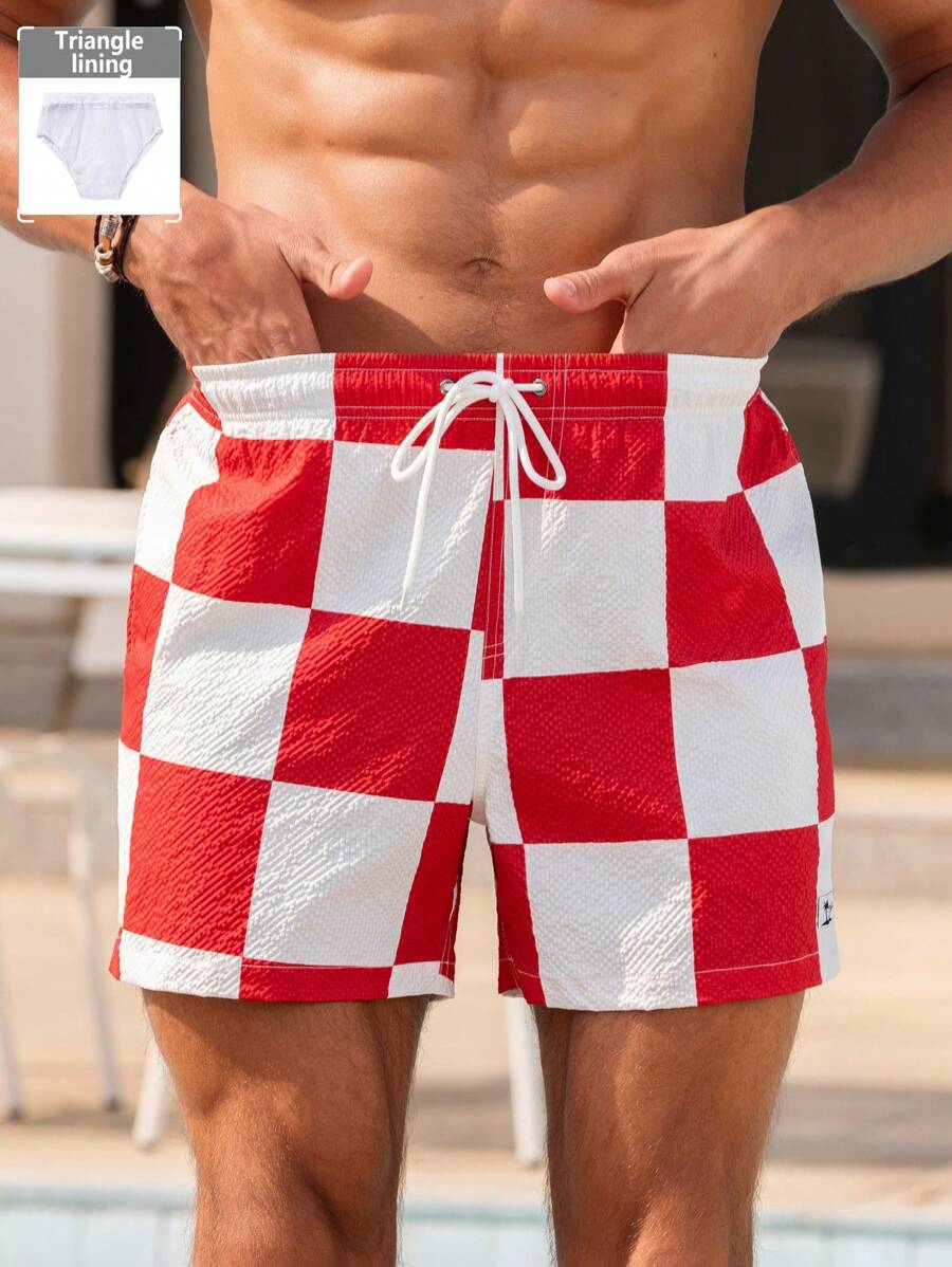 Short court imprimé damier avec cordon de serrage et taille élastique