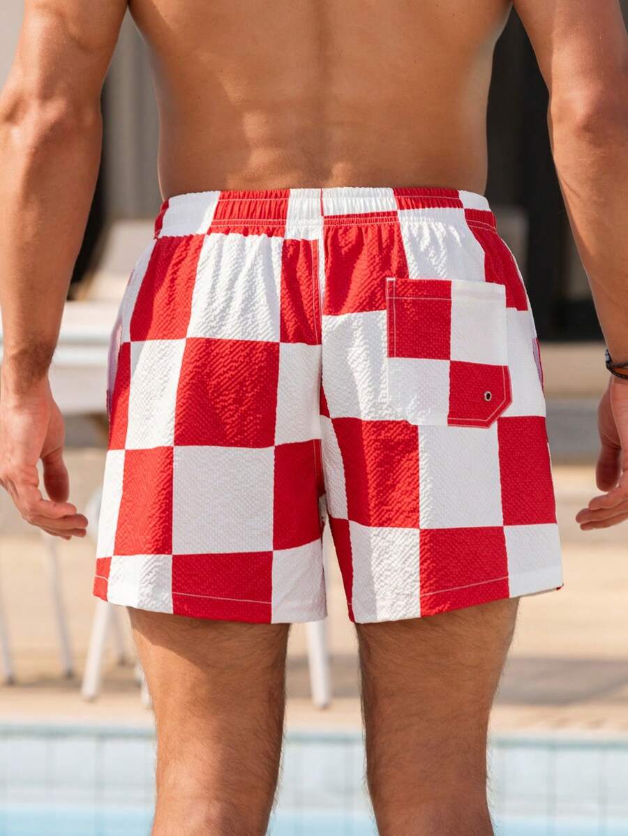 Short court imprimé damier avec cordon de serrage et taille élastique