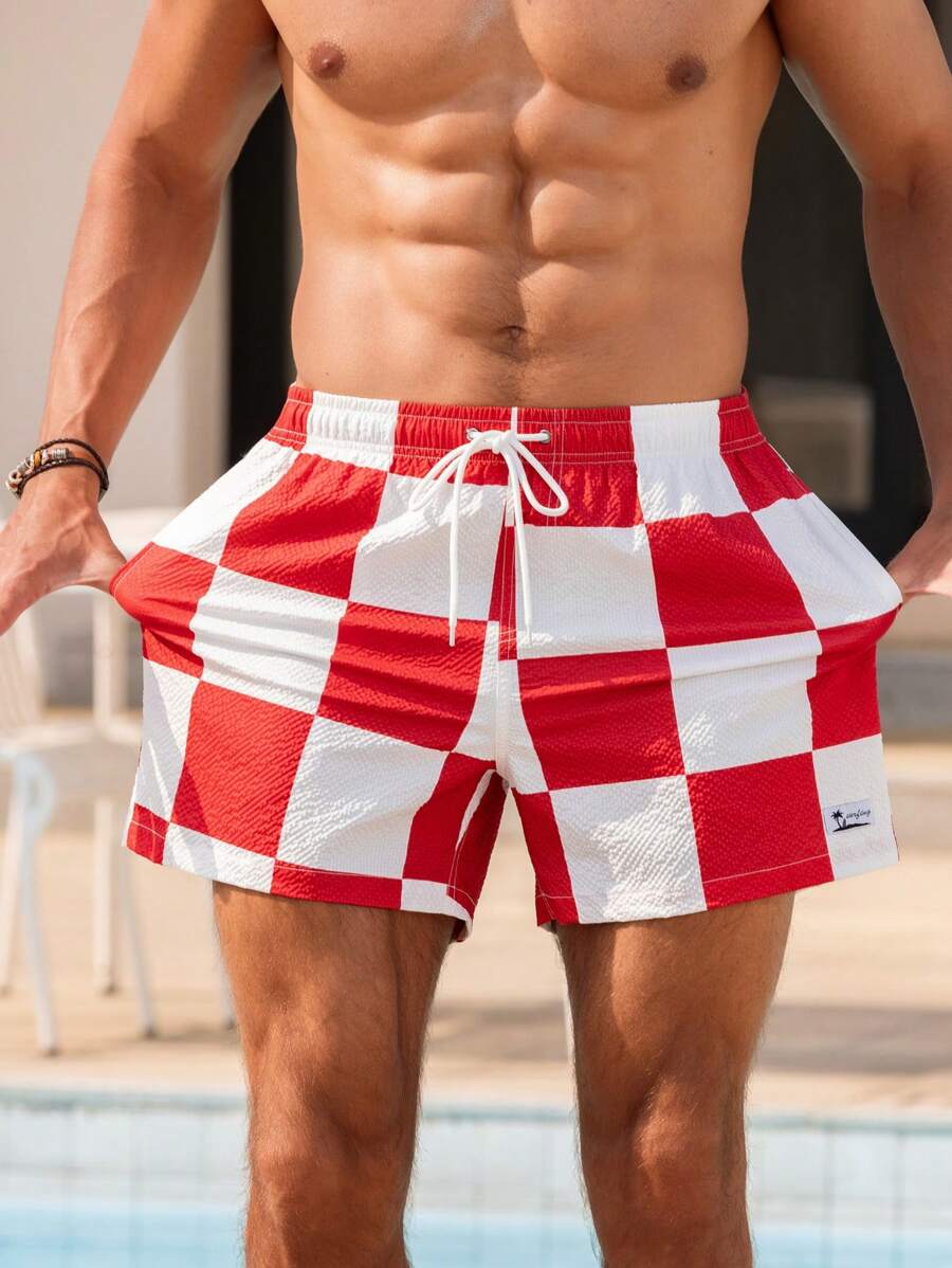Short court imprimé damier avec cordon de serrage et taille élastique