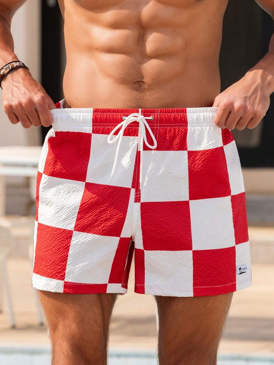 Short court imprimé damier avec cordon de serrage et taille élastique